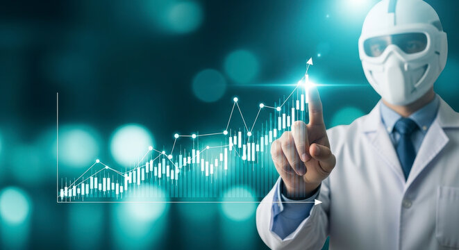 Doctor in White Coat Pointing at Growing Chart with Futuristic Background