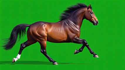 Majestic brown horse galloping gracefully against a bright green background in an artistic depiction