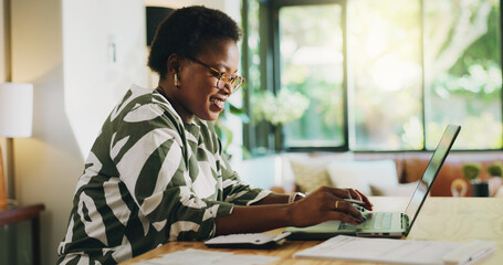Typing, woman and bookkeeping with laptop, home or review of financial report, happy or remote...