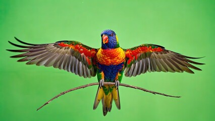 Rainbow lorikeet spreads its wings on a branch against a vibrant green backdrop