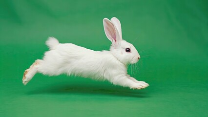 White rabbit leaping gracefully against a vibrant green background in a playful moment captured indoors