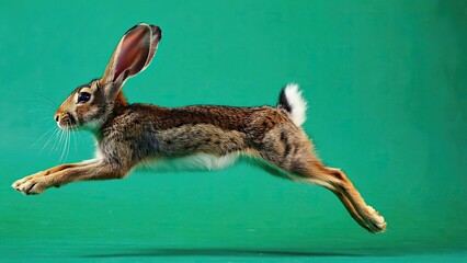 Rabbit leaps gracefully against a vibrant green background during daylight hours in a studio setting