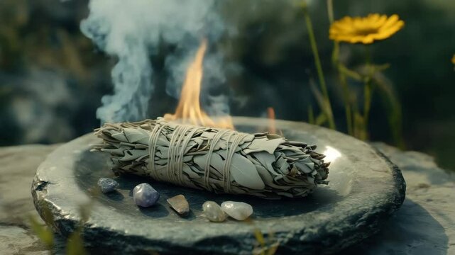 Burning white sage smudge stick with healing crystals for cleansing ceremony
