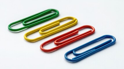 A close up of four colorful paper clips arranged in a row on a white surface