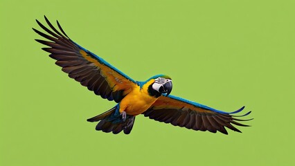 Bright blue and yellow macaw gracefully soaring through the air against a vibrant green background