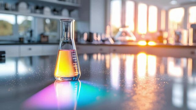 A laboratory setting featuring a graduated flask with a colorful liquid, illuminated by warm light from windows.