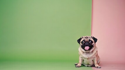 Cute pug sitting between pastel green and pink backgrounds while playfully sticking out its tongue in a bright setting