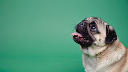 Happy pug with a playful expression against a vibrant green background in a studio setting