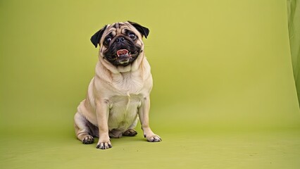 Relaxed pug sitting against a bright green background, showcasing its playful personality and adorable features