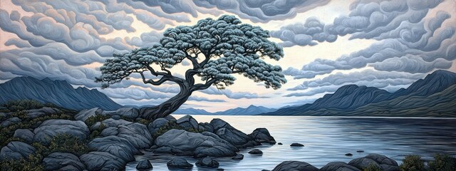 Serene Lakeside Landscape Solitary Tree on Rocky Shore Under Cloudy Sky