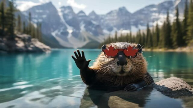 Canadian beaver in sunglasses with a maple leaf waves his paw. He's sitting on the lake.