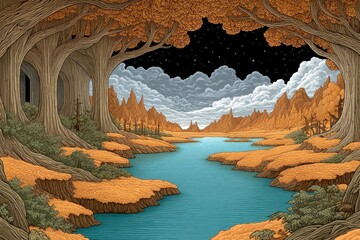 Serene Night Scene Pixel Art River Landscape from a Cave