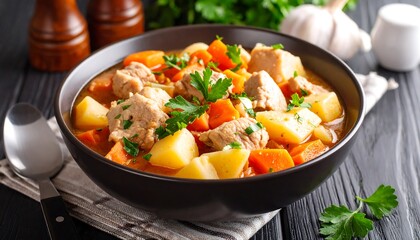 Hearty Pork Stew with Vegetables, and Bowl.