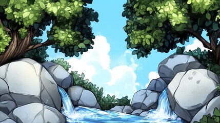 Serene Waterfall Landscape Pixel Art of a Blue Stream, Gray Rocks, and Lush Green Trees Under a Sunny Sky