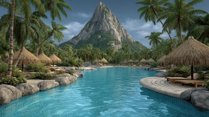 Serene Tropical Beach with Thatched Umbrellas and Majestic Mountain