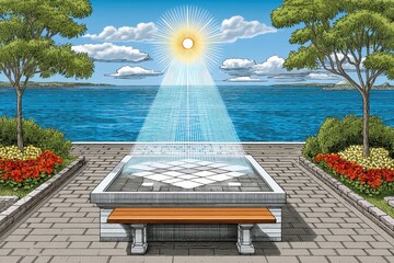Serene Waterfront Fountain with Geometric Design and Lush Greenery