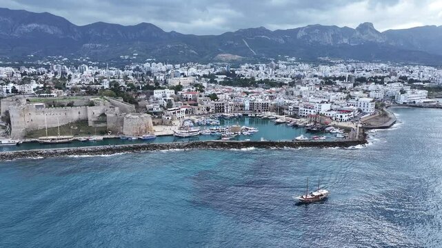 Aerial View of the Ancient Port and Kyrenia Castle in Kyrenia, the Pearl of Northern Cyprus