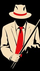 Silhouette of a Man in Beige Suit and Red Tie Holding a Long Object