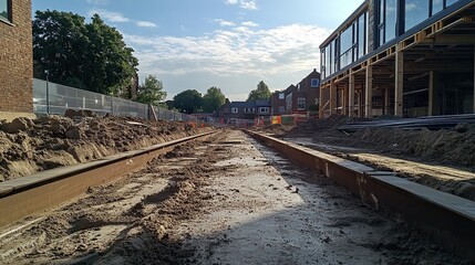 Construction site with steelwork for walls and columns, featuring slabs, frames, and stilted panels.