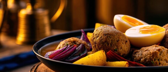 Hearty dish with meatballs and eggs