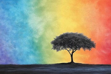 Silhouette Tree Against Vibrant Rainbow Background