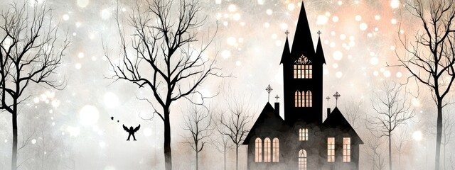 Silhouetted Castle in a Misty, Sparkling Landscape