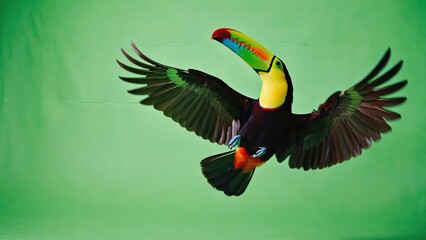 Colorful toucan in flight displaying vibrant plumage against a bright green background