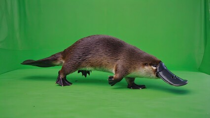 Unique platypus walking across a bright green background in a studio setting