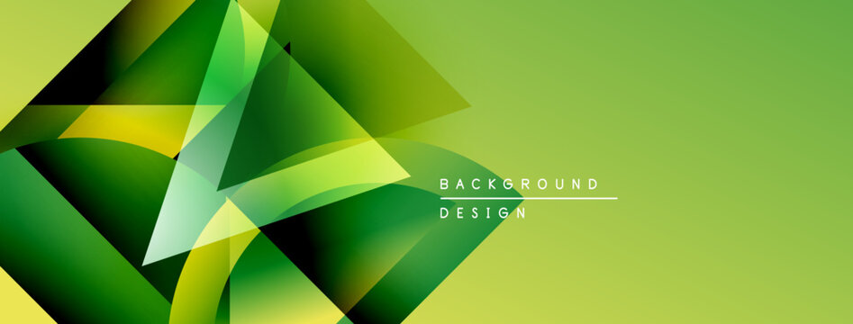 Abstract geometric shapes overlap, creating vibrant green, yellow gradients. Modern design suggests energy, movement, freshness. Background text reads background design.