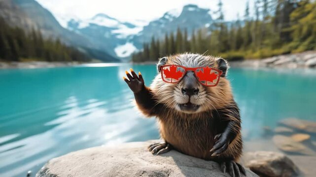 Canadian beaver wearing maple leaf sunglasses waves his paw at Lake Moraine, Banff National Park