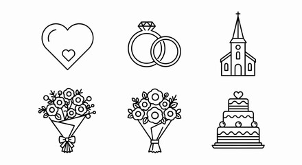 Elegant Wedding Icons Set Perfect for Invitations Branding and Website Design Featuring Hearts Rings Flowers and Cake