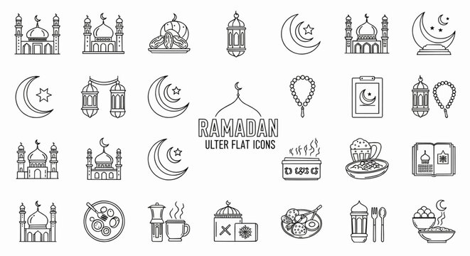 Ramadan Ultra Flat Icons Collection: Mosque, Crescent Moon, Lantern, and Food Designs for Branding