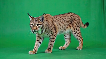 Lynx walks gracefully on a vibrant green backdrop showcasing its striking features and natural elegance