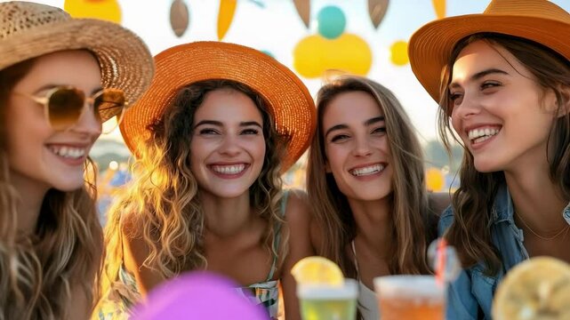 A group of four smiling women wearing hats and sunglasses, enjoying drinks and having fun together at a beach party. - Powered by Adobe