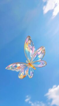 Glasswing butterfly flying in blue sky with clouds: freedom and beauty. Vertical Video