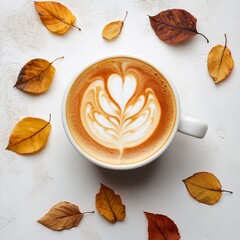 Warm Autumn Latte Art with Falling Leaves on White Background