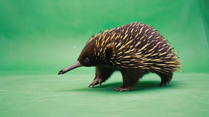 Echidna walks across bright green surface in a studio setting, showcasing its unique spines and snout while exploring the environment