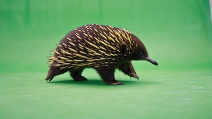 Echidna walking on a green background, showcasing unique spines and form in an indoor setting
