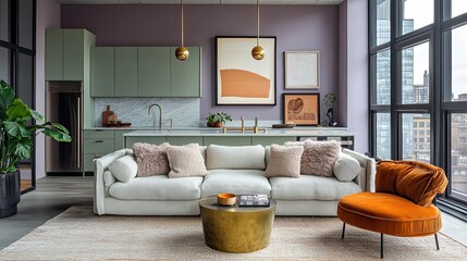 Contemporary living room with moss green kitchen, lavender walls, and gold lighting fixtures. 
