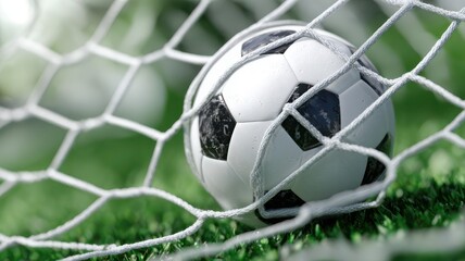 A soccer ball caught in the net on a green field during a soccer game day