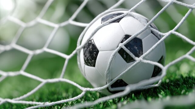 A soccer ball caught in the net on a green field during a soccer game day