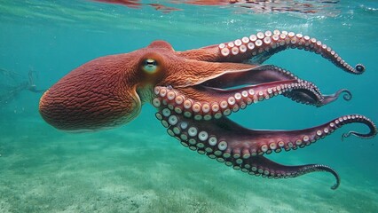 Colorful octopus gracefully swimming underwater in a tropical marine environment during the daytime