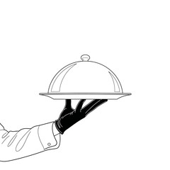 Fototapeta premium A gloved hand holds a silver tray with a domed lid and rising steam isolated on white background