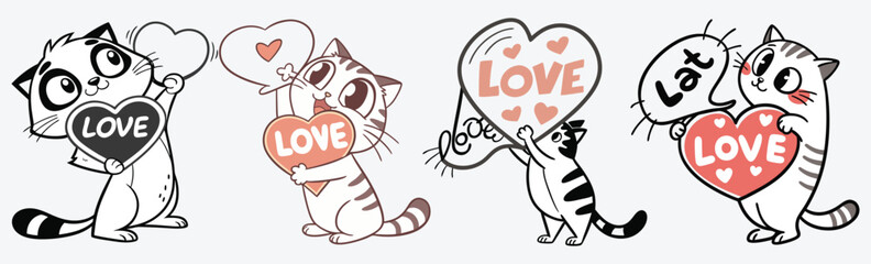Cute cartoon cats holding heart signs with “LOVE” – perfect for Valentine’s Day, greeting cards, stickers, and romantic creative design vector.