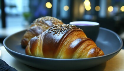 Fresh croissants on a dark plate