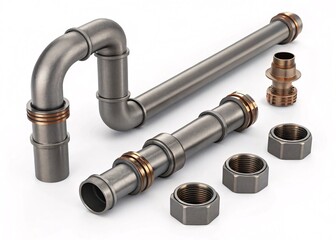 Realistic plumbing pipe fittings and joints, isolated
