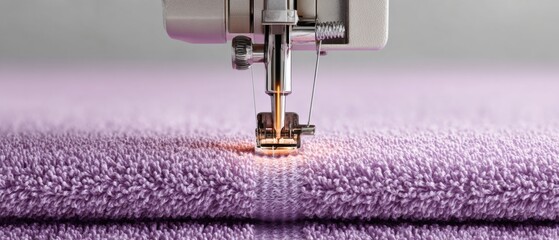 National Sewing Machine Day Close-Up Custom Embroidery on Purple Towel with Stitching Detail for Personalized Home Goods and Spring Crafting Season