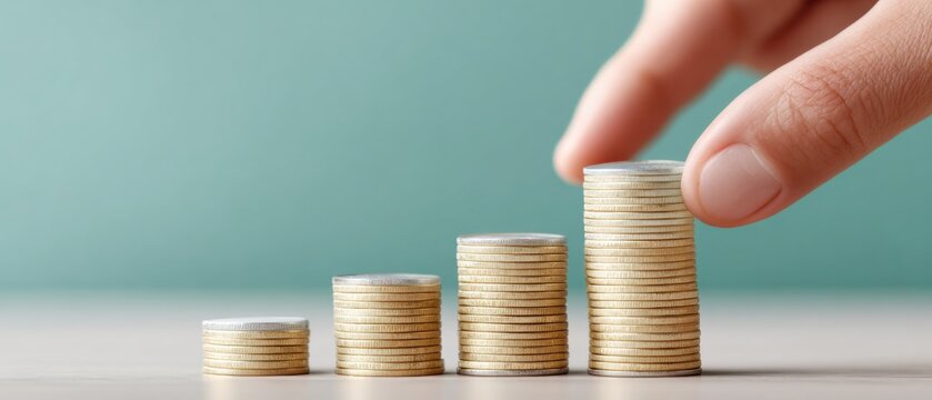 National Productive Business Civility Day Spring Growth Hand Stacking Coins with Financial Graphs and Calculator for Market Success and Investment Expansion during Earth Day and Tax Season - Powered by Adobe