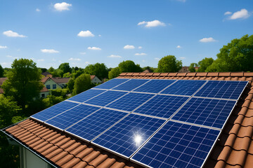 Solar panels installed on a tiled roof with blue sky and trees in the background view outside