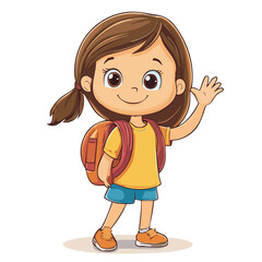 Happy School Girl with Backpack - Cartoon